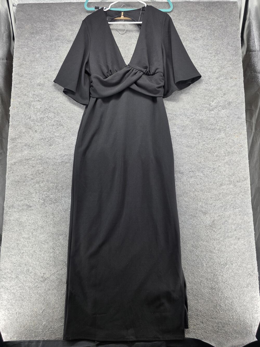 Lena Dress Womens XLARGE Black Maxi Sheath V-Neck Flutter Sleeve Layered